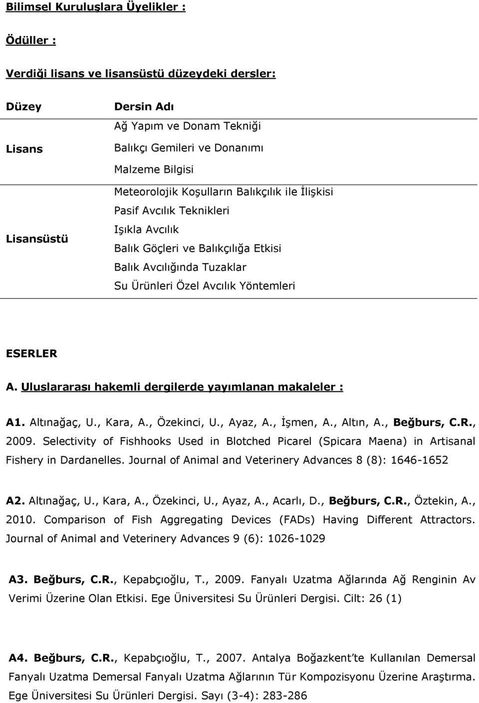 Uluslararası hakemli dergilerde yayımlanan makaleler : A1. Altınağaç, U., Kara, A., Özekinci, U., Ayaz, A., İşmen, A., Altın, A., Beğburs, C.R., 2009.