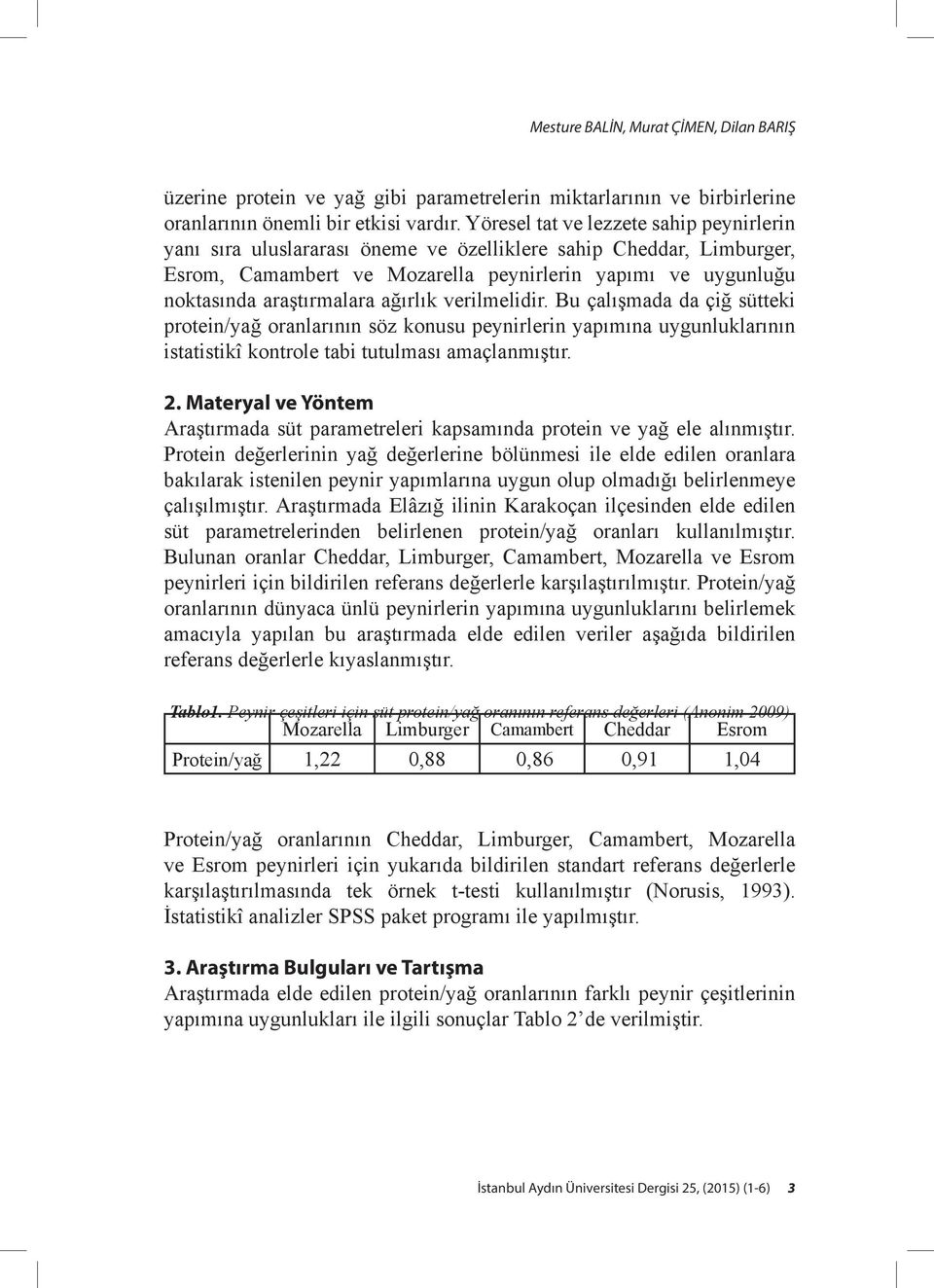 ağırlık verilmelidir. Bu çalışmada da çiğ sütteki protein/yağ oranlarının söz konusu peynirlerin yapımına uygunluklarının istatistikî kontrole tabi tutulması amaçlanmıştır. 2.