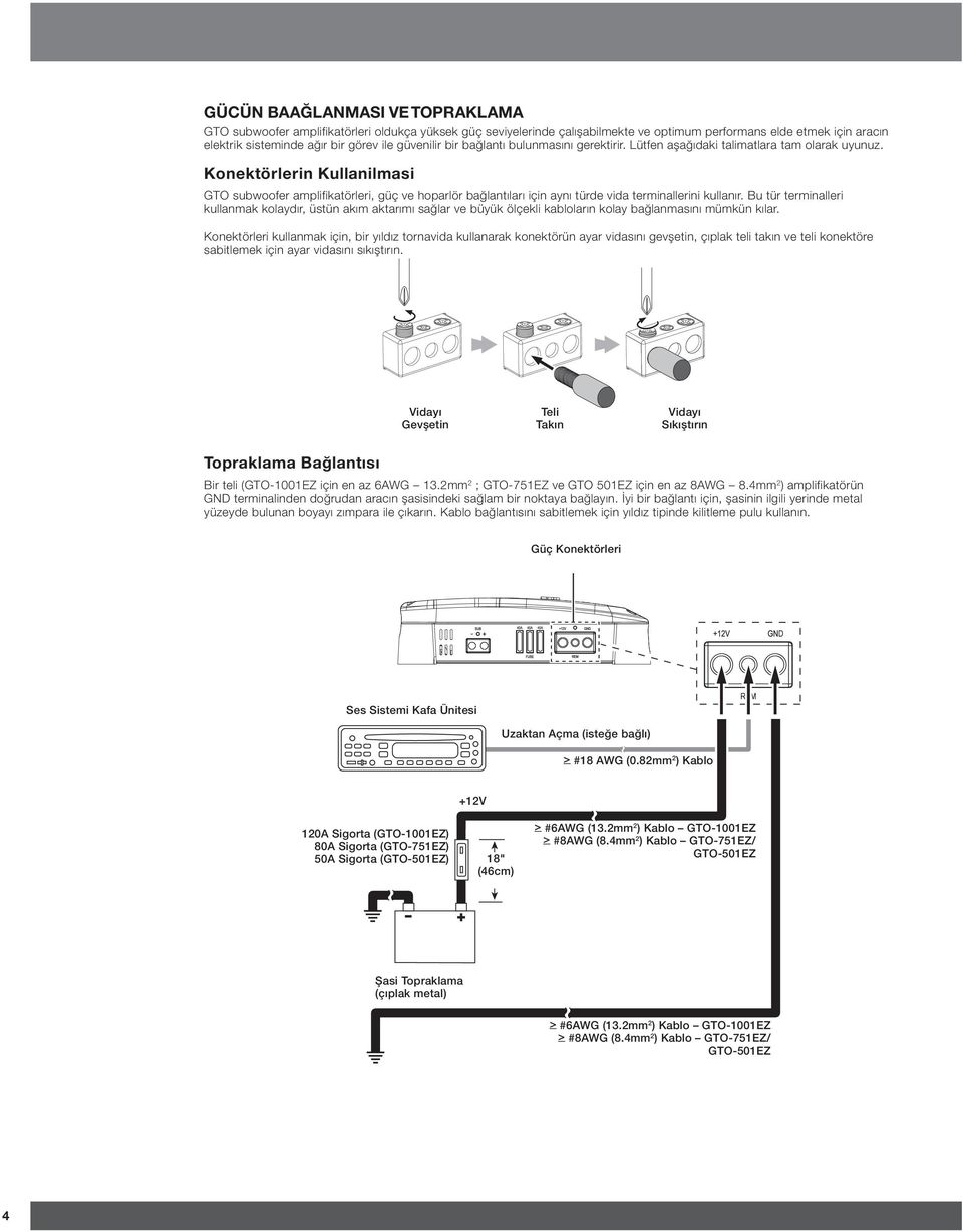 Konektörlerin Kullanilmasi GTO subwoofer amplifikatörleri, güç ve hoparlör bağlantıları için aynı türde vida terminallerini kullanır.