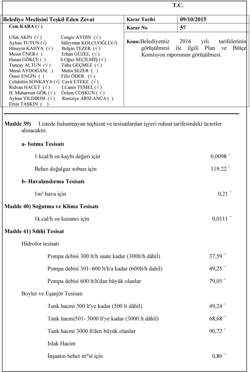 cal/h ısı kazancı için 0,0111 Madde 41) Sıhhi Tesisat Hidrofor tesisatı Pompa debisi 300 lt/h saate kadar (300lt/h dâhil) Pompa debisi 301 600 lt/h'a kadar (600lt/h dahil) Pompa