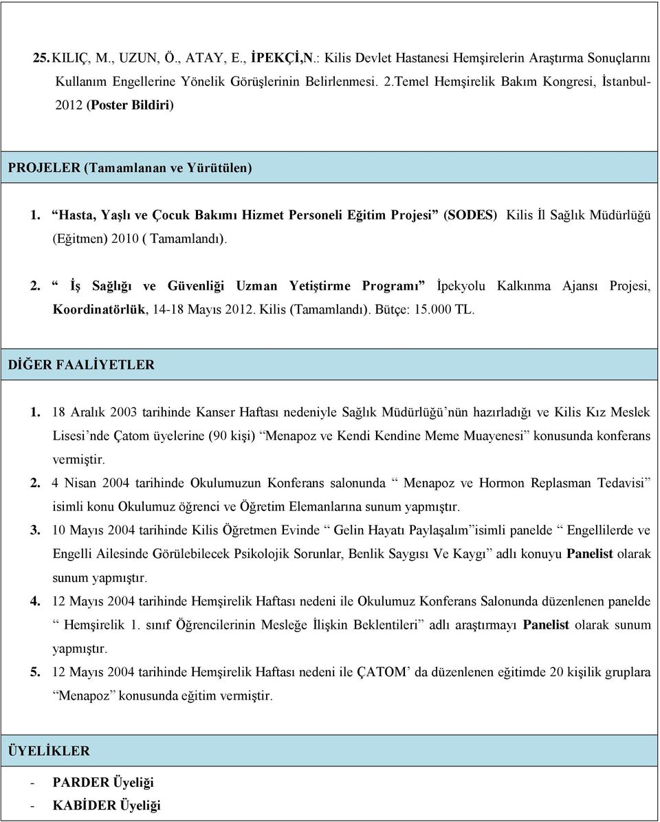 Hasta, Yaşlı ve Çocuk Bakımı Hizmet Personeli Eğitim Projesi (SODES) Kilis İl Sağlık Müdürlüğü (Eğitmen) 20