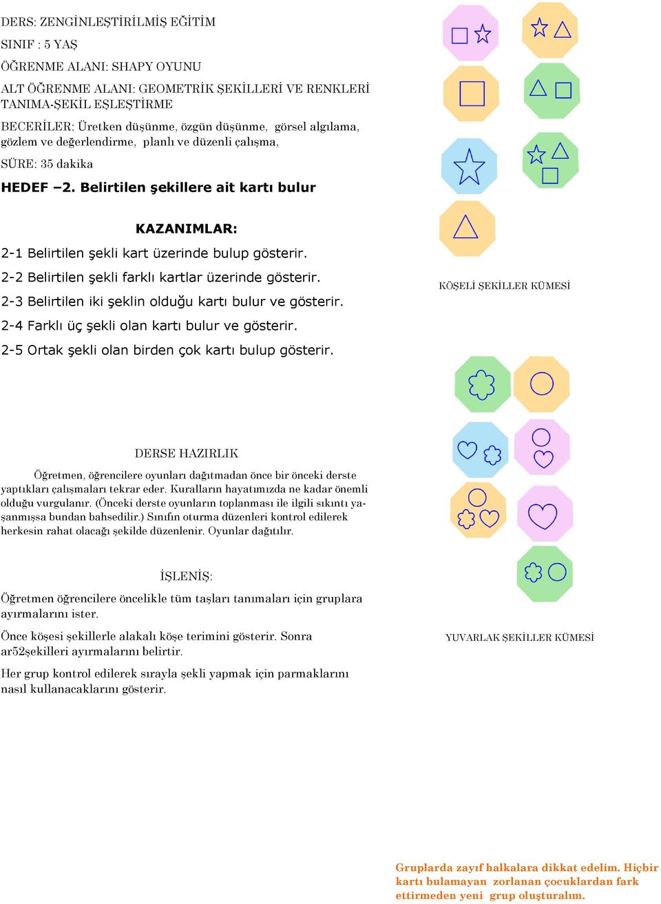 KÖŞELİ ŞEKİLLER KÜMESİ Öğretmen, öğrencilere oyunları dağıtmadan önce bir önceki derste yaptıkları çalışmaları tekrar eder. Kuralların hayatımızda ne kadar önemli olduğu vurgulanır.