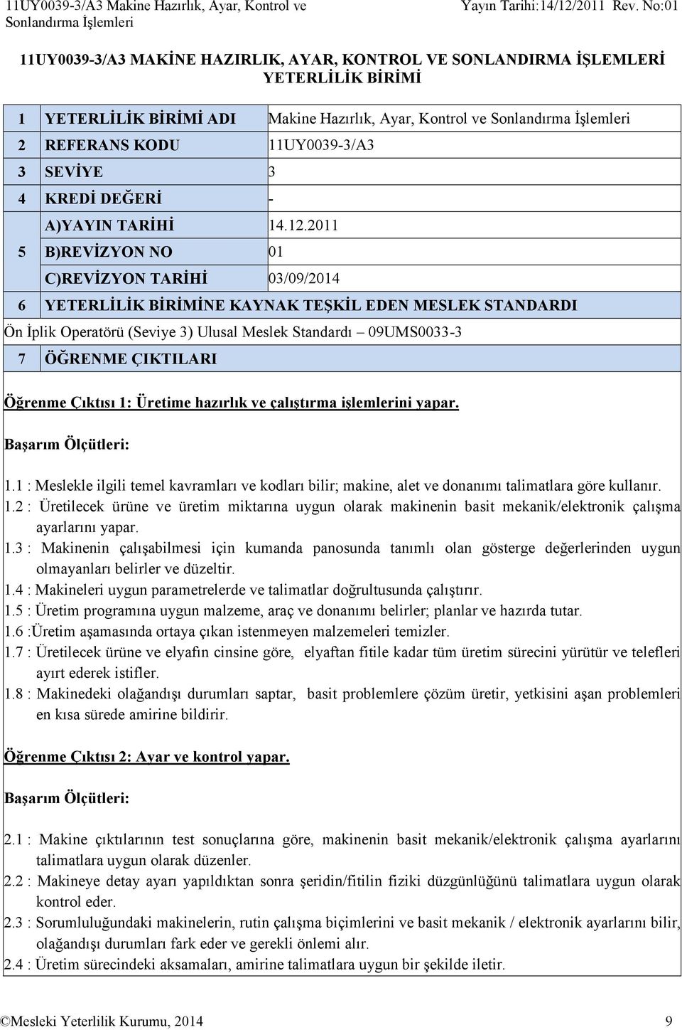 2011 B)REVİZYON NO 01 C)REVİZYON TARİHİ 03/09/2014 6 YETERLİLİK BİRİMİNE KAYNAK TEŞKİL EDEN MESLEK STANDARDI Ön İplik Operatörü (Seviye 3) Ulusal Meslek Standardı 09UMS0033-3 7 ÖĞRENME ÇIKTILARI