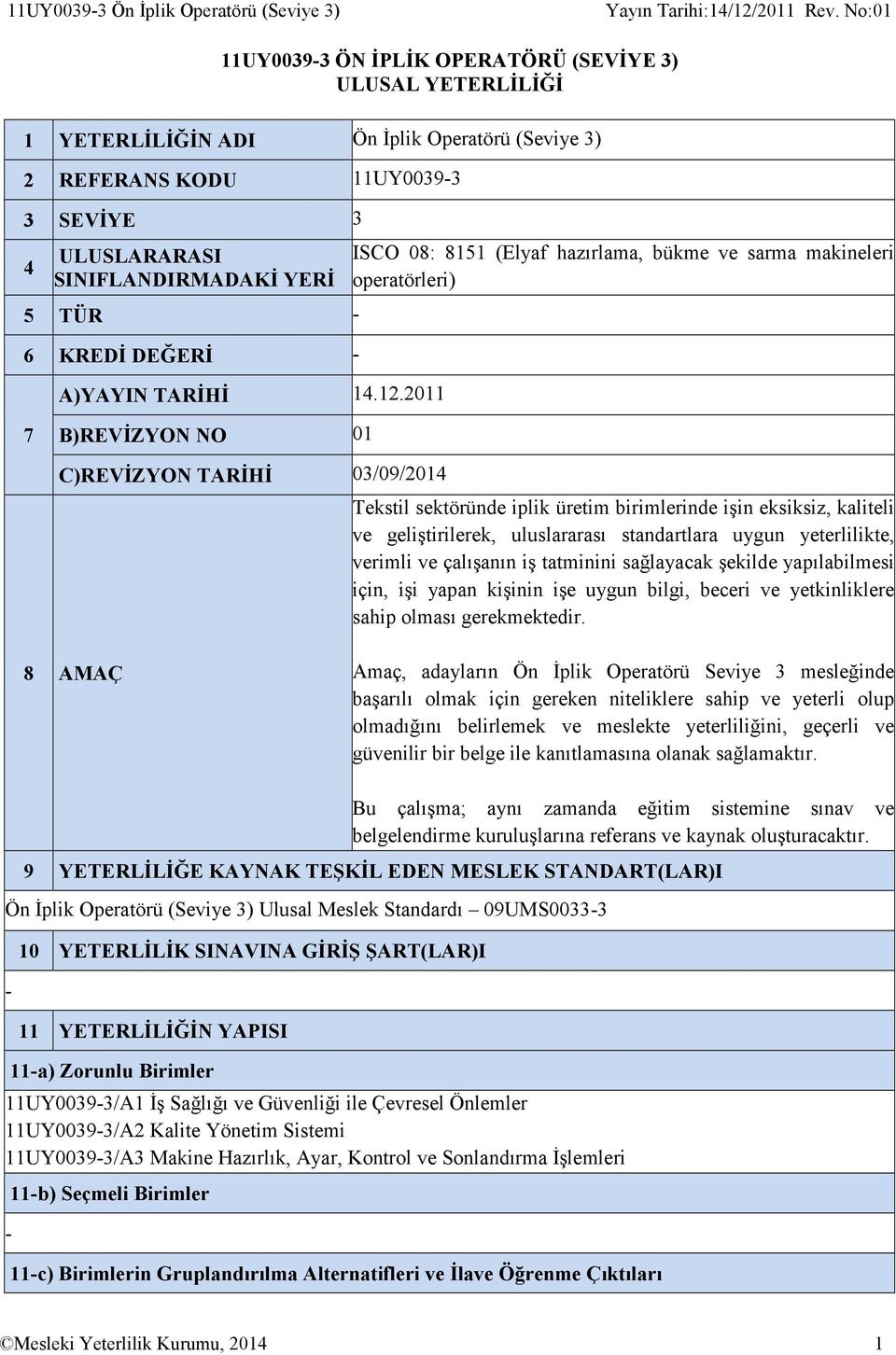 2011 B)REVİZYON NO 01 C)REVİZYON TARİHİ 03/09/2014 ISCO 08: 8151 (Elyaf hazırlama, bükme ve sarma makineleri operatörleri) Tekstil sektöründe iplik üretim birimlerinde işin eksiksiz, kaliteli ve