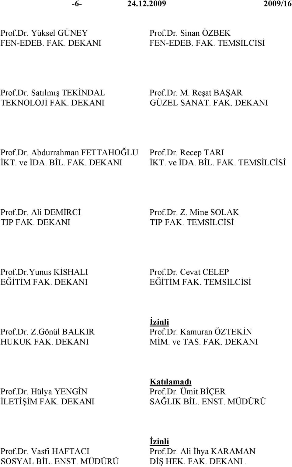 Mine SOLAK TIP FAK. TEMSİLCİSİ Prof.Dr.Yunus KİSHALI EĞİTİM FAK. DEKANI Prof.Dr. Cevat CELEP EĞİTİM FAK. TEMSİLCİSİ Prof.Dr. Z.Gönül BALKIR HUKUK FAK. DEKANI İzinli Prof.Dr. Kamuran ÖZTEKİN MİM.