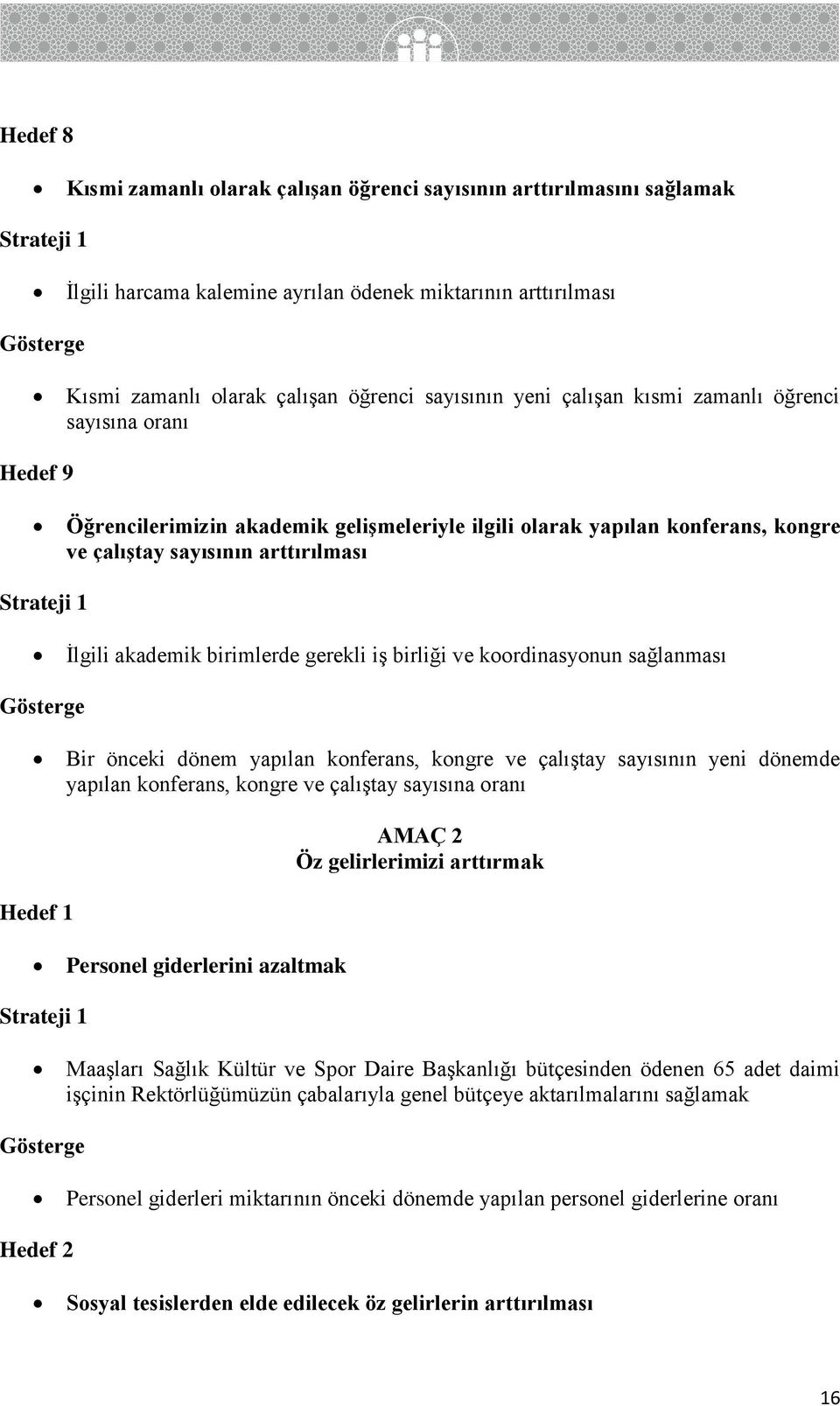 gerekli iş birliği ve koordinasyonun sağlanması Bir önceki dönem yapılan konferans, kongre ve çalıştay sayısının yeni dönemde yapılan konferans, kongre ve çalıştay sayısına oranı AMAÇ 2 Öz