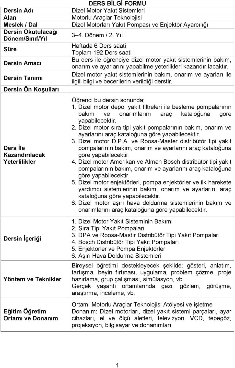 Yıl Haftada 6 Ders saati Toplam 192 Ders saati Bu ders ile öğrenciye dizel motor yakıt sistemlerinin bakım, onarım ve ayarlarını yapabilme yeterlikleri kazandırılacaktır.