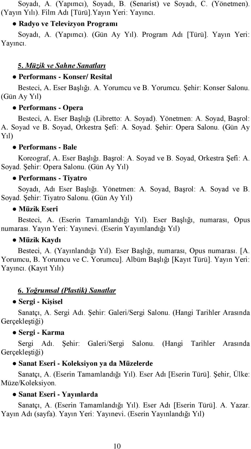 (Gün Ay Yıl) Performans - Opera Besteci, A. Eser Başlığı (Libretto: A. Soyad). Yönetmen: A. Soyad, Başrol: A. Soyad ve B. Soyad, Orkestra Şefi: A. Soyad. Şehir: Opera Salonu.
