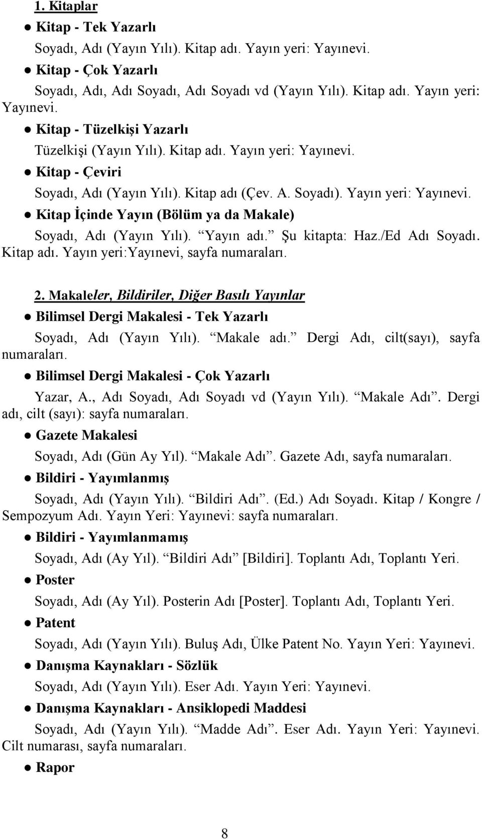 Şu kitapta: Haz./Ed Adı Soyadı. Kitap adı. Yayın yeri:yayınevi, sayfa numaraları. 2. Makaleler, Bildiriler, Diğer Basılı Yayınlar Bilimsel Dergi Makalesi - Tek Yazarlı Soyadı, Adı (Yayın Yılı).