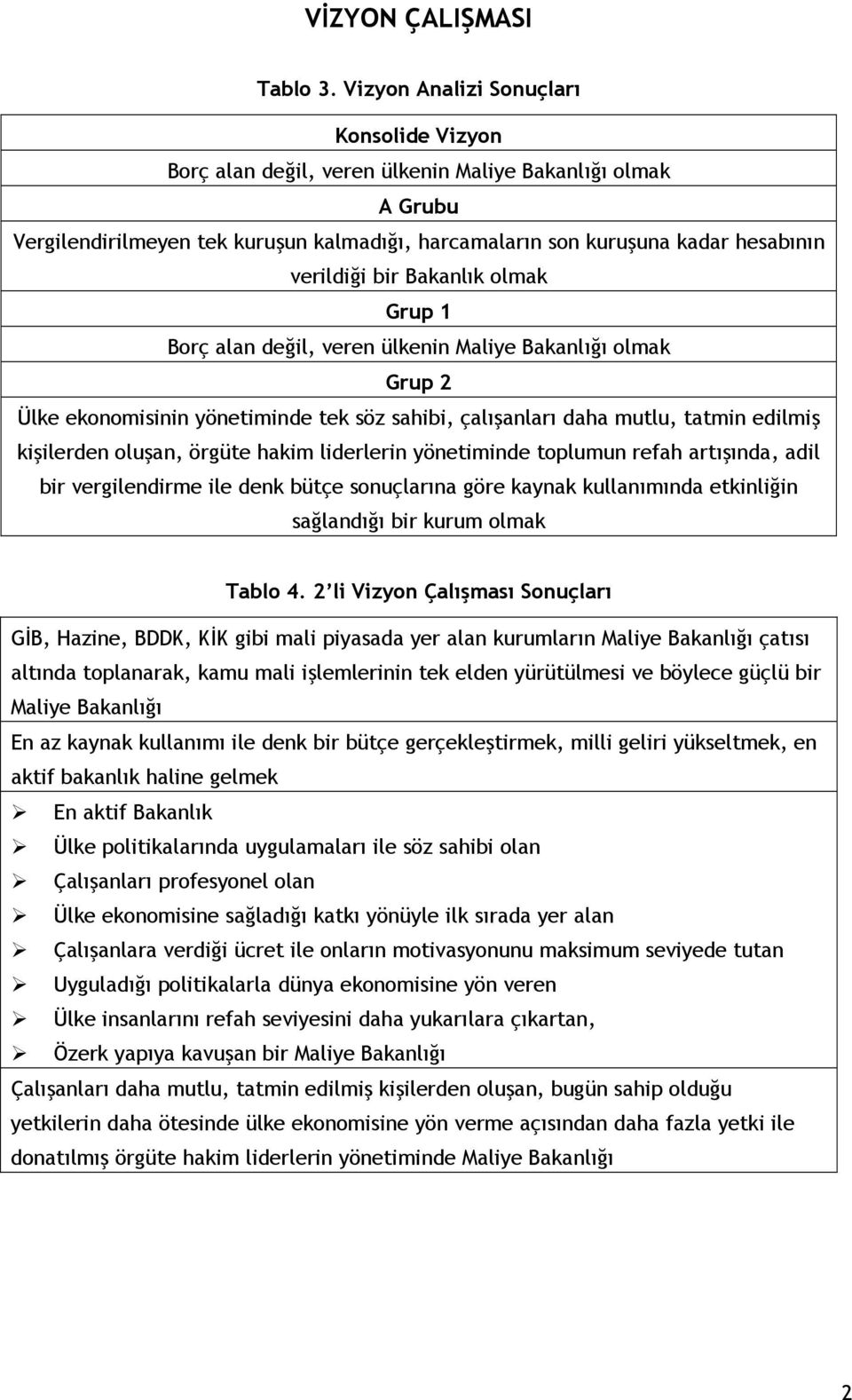 bir Bakanlık olmak Grup 1 Borç alan değil, veren ülkenin Maliye Bakanlığı olmak Grup 2 Ülke ekonomisinin yönetiminde tek söz sahibi, çalışanları daha mutlu, tatmin edilmiş kişilerden oluşan, örgüte