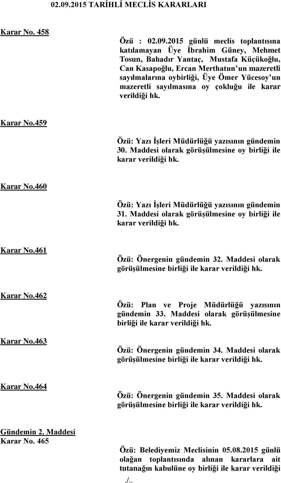 Yücesoy un mazeretli sayılmasına oy çokluğu ile karar verildiği Karar No.459 Özü: Yazı İşleri Müdürlüğü yazısının gündemin 30. Maddesi olarak görüşülmesine oy birliği ile karar verildiği Karar No.