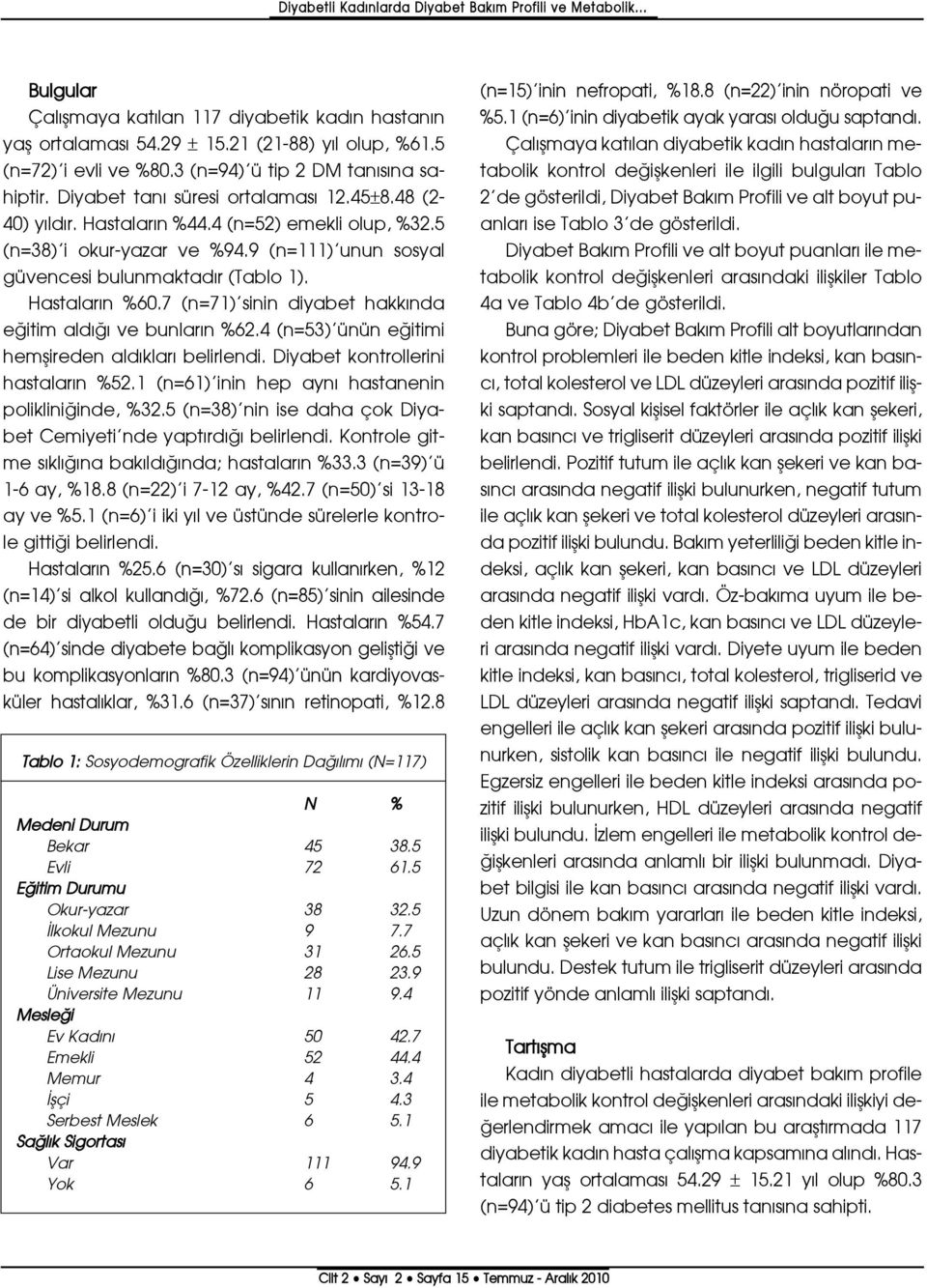 9 (n=111) unun sosyal güvencesi bulunmaktad r (Tablo 1). Hastalar n %60.7 (n=71) sinin diyabet hakk nda e itim ald ve bunlar n %62.4 (n=53) ünün e itimi hemflireden ald klar belirlendi.