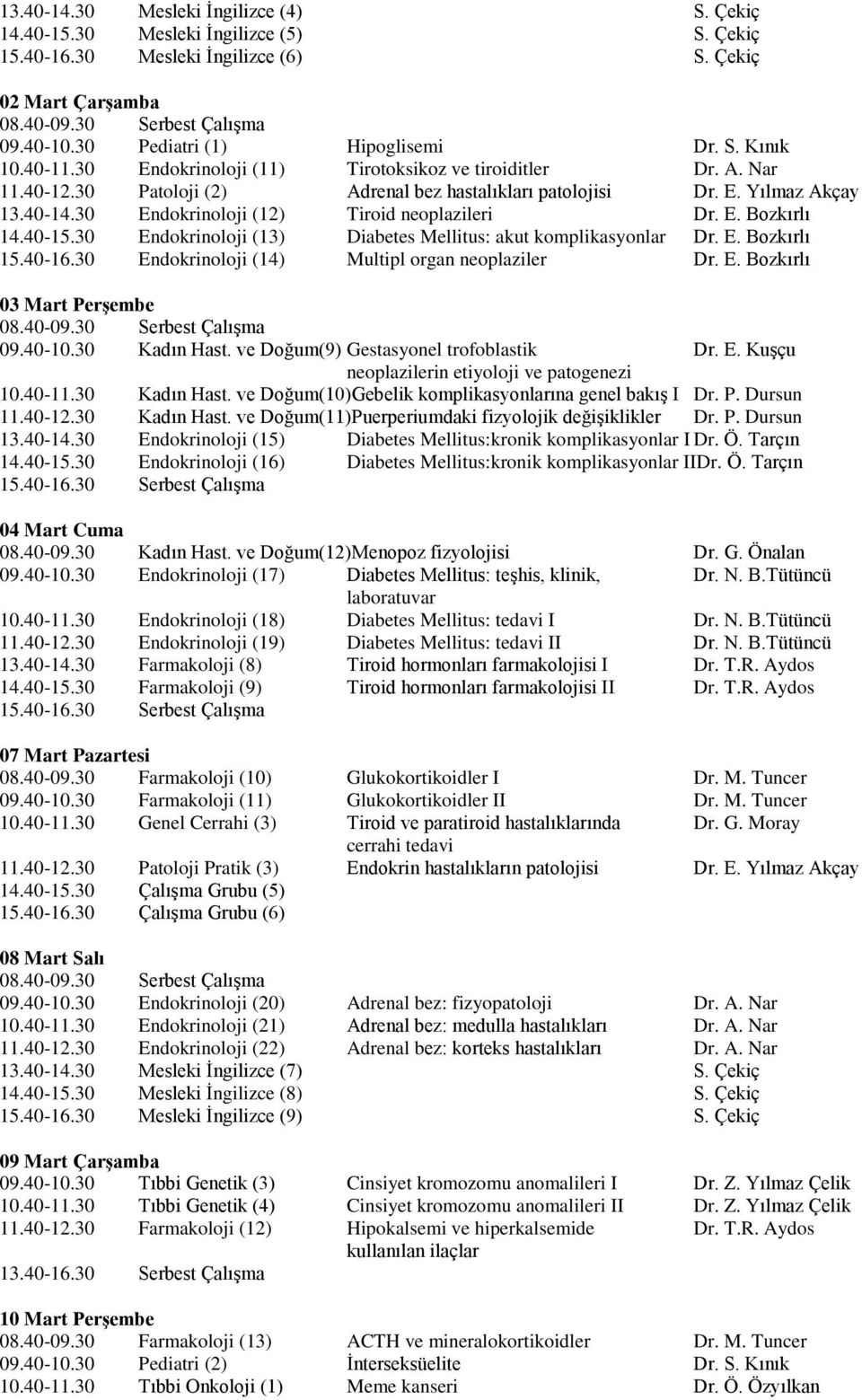 0 Endokrinoloji () Diabetes Mellitus: akut komplikasyonlar Dr. E. Bozkırlı 5.40-6.0 Endokrinoloji (4) Multipl organ neoplaziler Dr. E. Bozkırlı 0 Mart Perşembe 09.40-0.0 Kadın Hast.