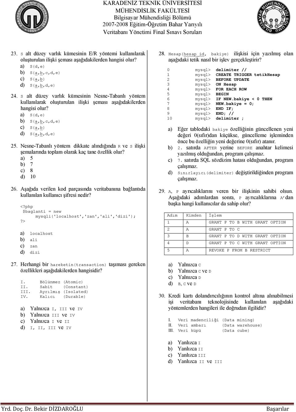 oluşturulan ilişki şeması lerden a) S(d,e) b) S(a,b,c,d,e) c) S(a,b) d) S(a,b,d,e) 5. Nesne-Tabanlı yöntem dikkate alındığında R ve S ilişki şemalarında toplam olarak kaç tane özellik olur?