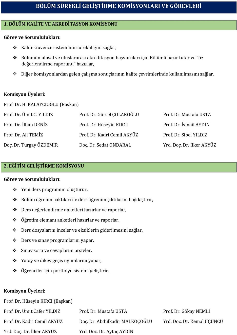 hazırlar, Diğer komisyonlardan gelen çalışma sonuçlarının kalite çevrimlerinde kullanılmasını sağlar. Prof. Dr. H. KALAYCIOĞLU (Başkan) Prof. Dr. Ümit C. YILDIZ Prof. Dr. İlhan DENİZ Doç. Dr. Turgay ÖZDEMİR Prof.