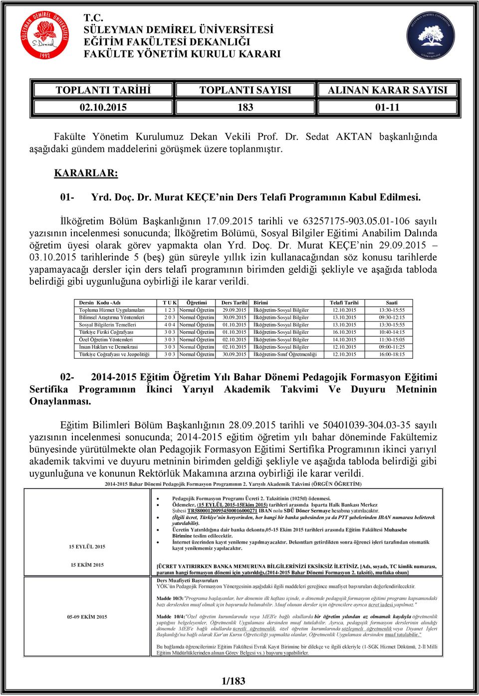 Ġlköğretim Bölüm BaĢkanlığının 17.09.2015 tarihli ve 63257175-903.05.