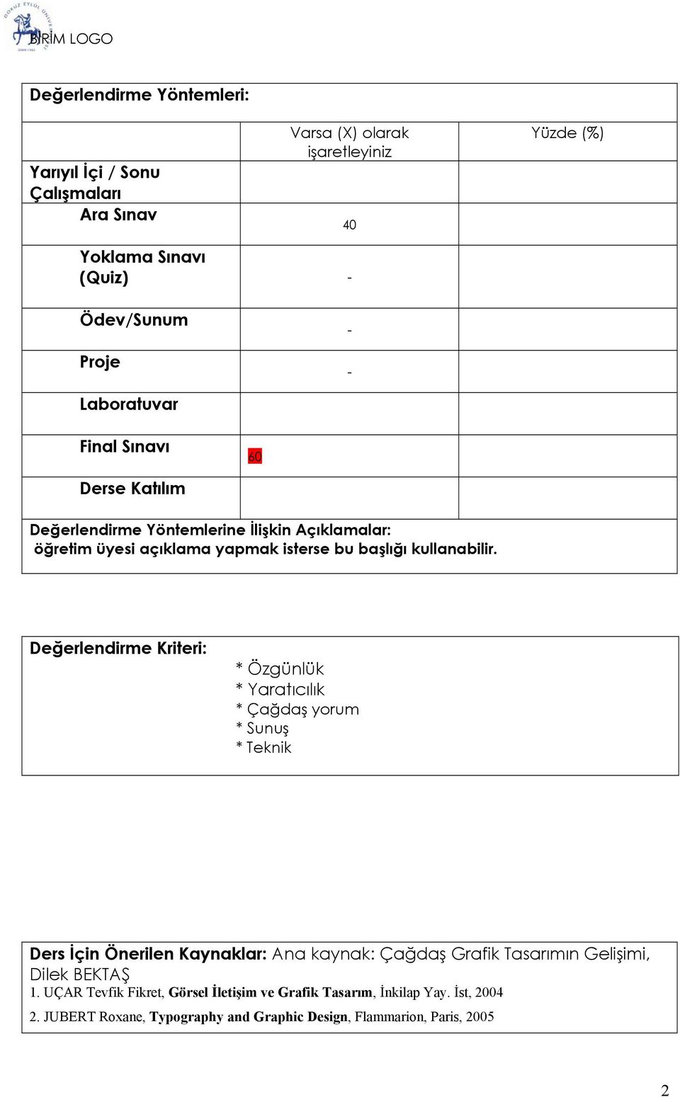 Değerlendirme Kriteri: * Özgünlük * Yaratıcılık * Çağdaş yorum * Sunuş * Teknik Ders İçin Önerilen Kaynaklar: Ana kaynak: Çağdaş Grafik Tasarımın Gelişimi,