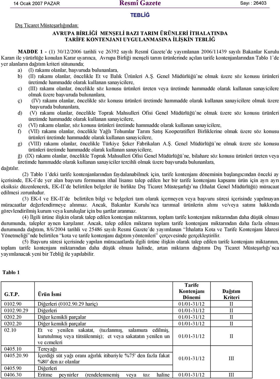 kontenjanlarından Tablo 1 de yer alanların dağıtım kriteri sütununda; a) (I) rakamı olanlar, başvuruda bulunanlara, b) (II) rakamı olanlar, öncelikle Et ve Balık Ürünleri A.Ş.