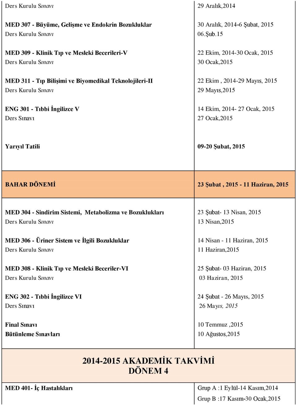 15 MED 309 - Klinik Tıp ve Mesleki Becerileri-V 22 Ekim, 2014-30 Ocak, 2015 30 Ocak,2015 MED 311 - Tıp Bilişimi ve Biyomedikal Teknolojileri-II 22 Ekim, 2014-29 Mayıs, 2015 29 Mayıs,2015 ENG 301 -