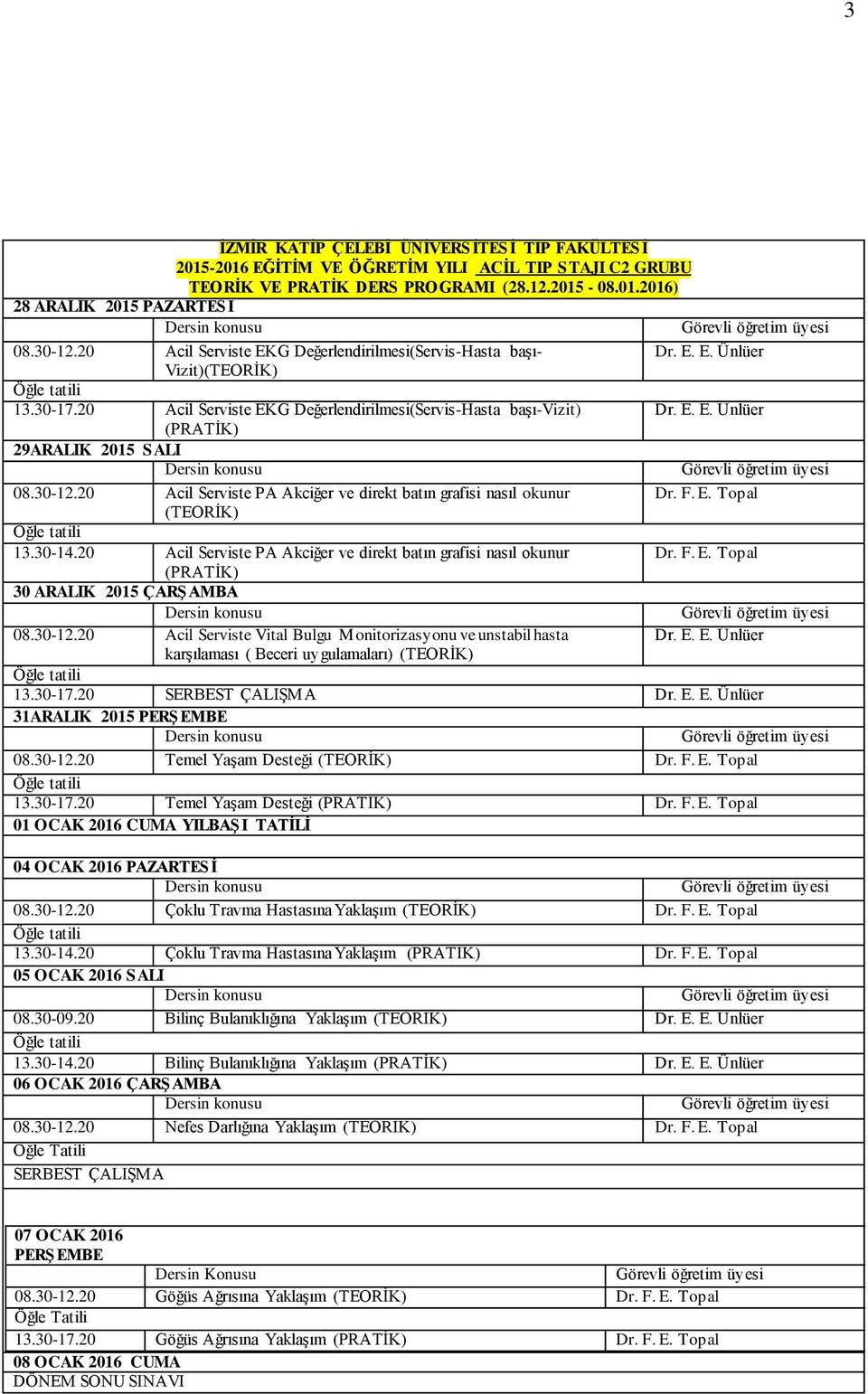 20 Acil Serviste PA Akciğer ve direkt batın grafisi nasıl okunur 30 ARALIK 2015 ÇARŞAMBA 08.30-12.20 Acil Serviste Vital Bulgu Monitorizasyonu ve unstabil hasta karşılaması ( Beceri uygulamaları) 13.