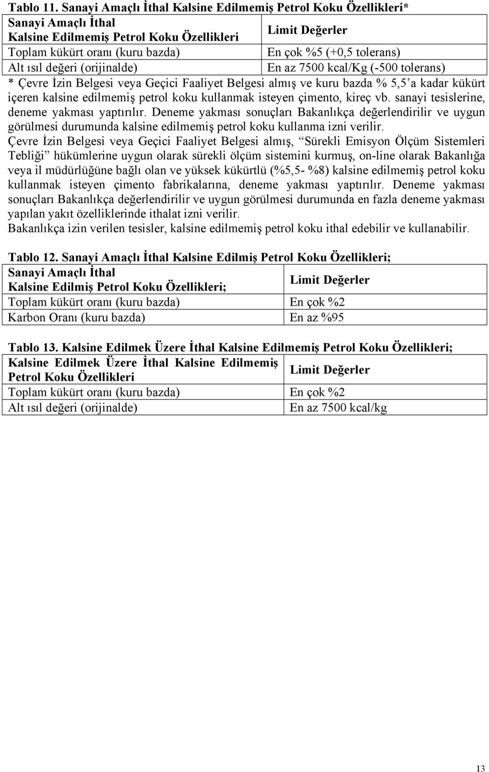 Alt ısıl değeri (orijinalde) En az 7500 kcal/kg (-500 tolerans) * Çevre İzin Belgesi veya Geçici Faaliyet Belgesi almış ve kuru bazda % 5,5 a kadar kükürt içeren kalsine edilmemiş petrol koku