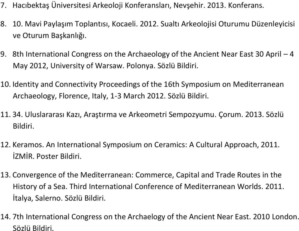 Identity and Connectivity Proceedings of the 16th Symposium on Mediterranean Archaeology, Florence, Italy, 1-3 March 2012. Sözlü Bildiri. 11. 34. Uluslararası Kazı, Araştırma ve Arkeometri Sempozyumu.