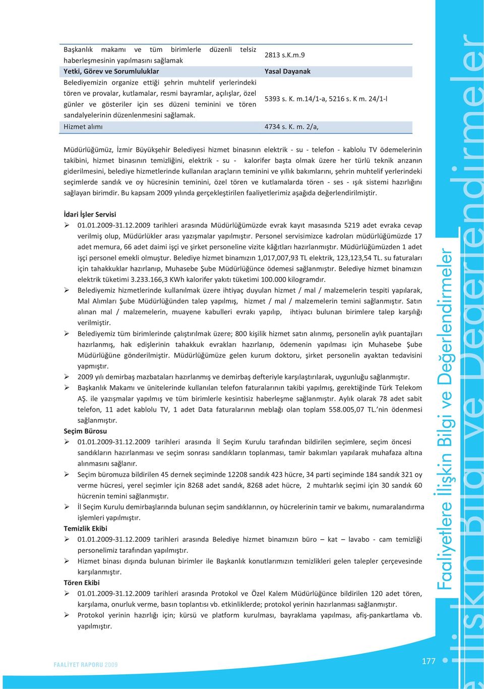 Km.24/1l 4734s.K.m.2/a, Müdürlüümüz, zmir Büyükehir Belediyesi hizmet binasnn elektrik su telefon kablolu TV ödemelerinin takibini, hizmet binasnn temizliini, elektrik su kalorifer bata olmak üzere