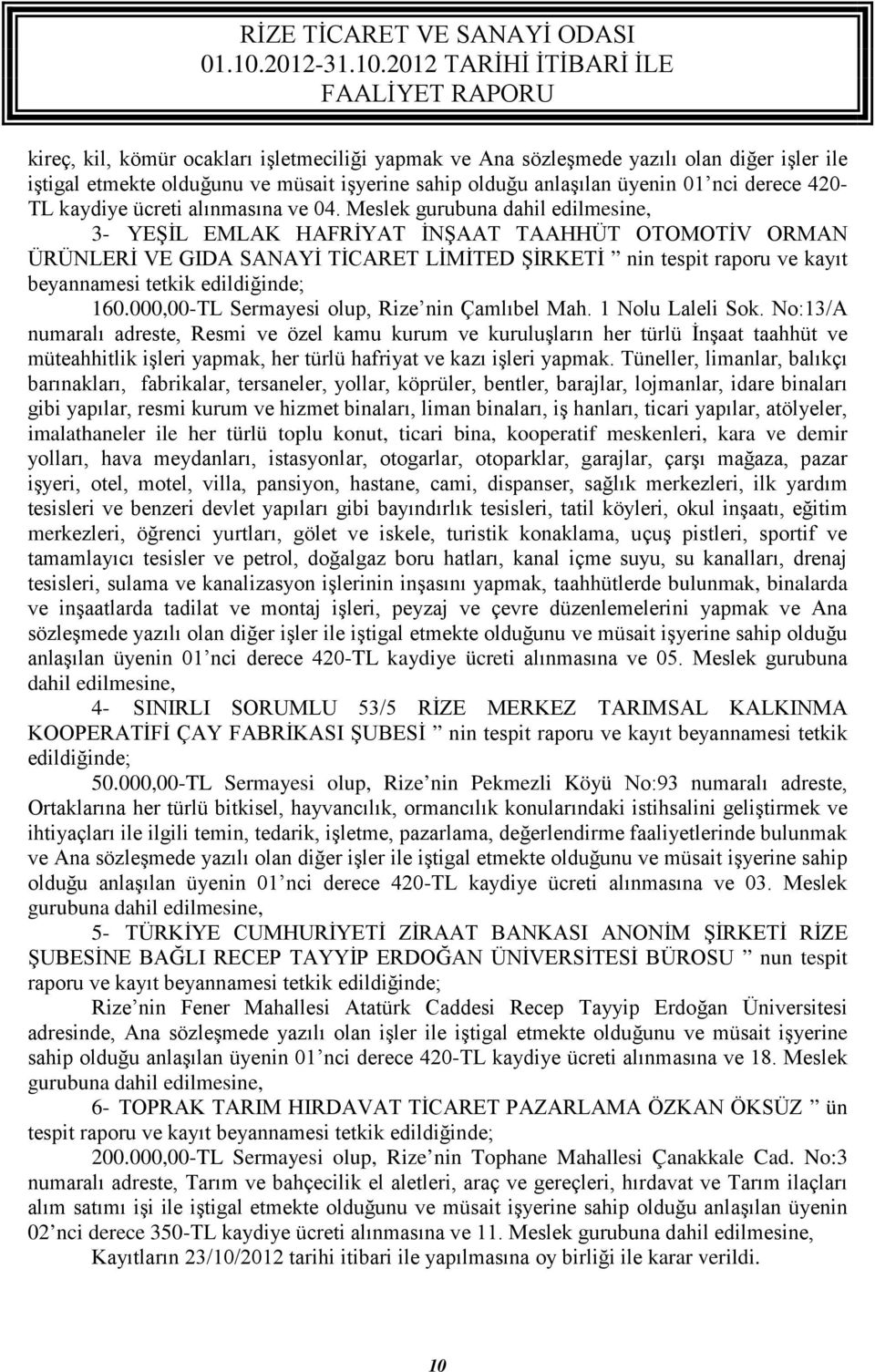 Meslek gurubuna dahil edilmesine, 3- YEŞİL EMLAK HAFRİYAT İNŞAAT TAAHHÜT OTOMOTİV ORMAN ÜRÜNLERİ VE GIDA SANAYİ TİCARET LİMİTED ŞİRKETİ nin tespit raporu ve kayıt beyannamesi tetkik edildiğinde; 160.