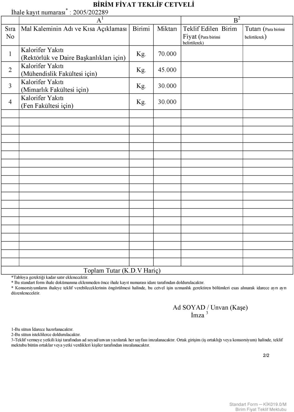 45.000 Kg. 30.000 Kg. 30.000 Tutarı (Para birimi belirtilerek) Toplam Tutar (K.D.V Hariç) *Tabloya gerektiği kadar satır eklenecektir.