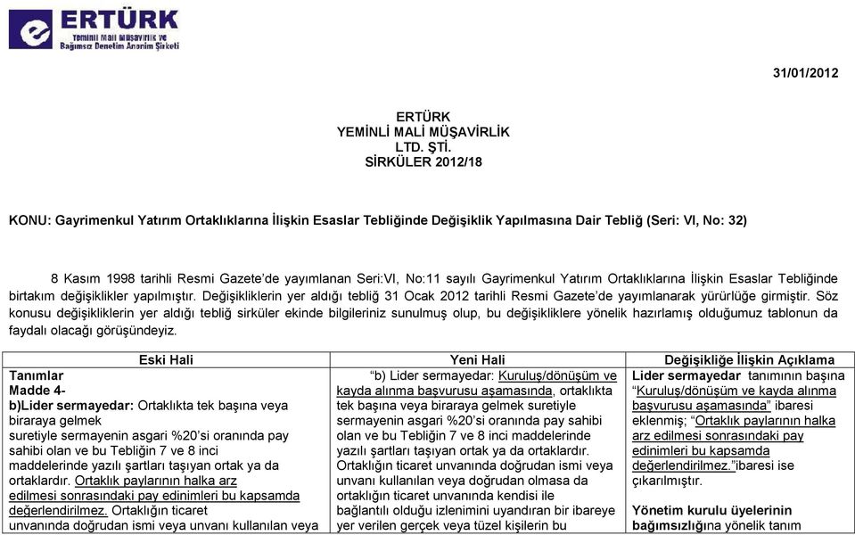 No:11 sayılı Gayrimenkul Yatırım Ortaklıklarına İlişkin Esaslar Tebliğinde birtakım değişiklikler yapılmıştır.