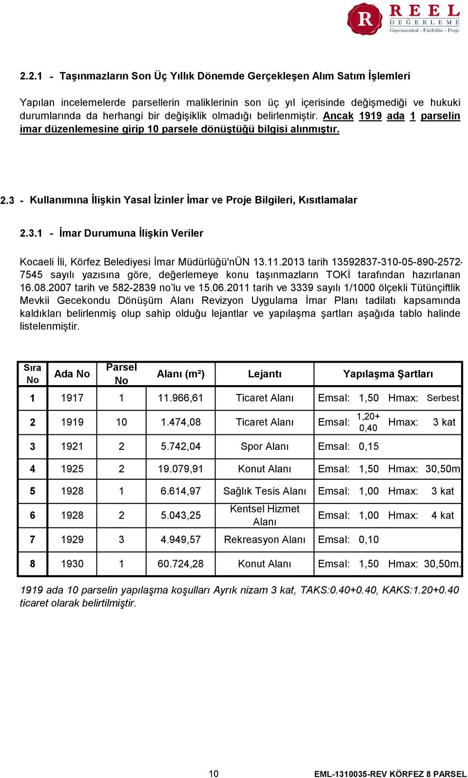 3 - Kullanımına İlişkin Yasal İzinler İmar ve Proje Bilgileri, Kısıtlamalar 2.3.1 - İmar Durumuna İlişkin Veriler Kocaeli İli, Körfez Belediyesi İmar Müdürlüğü'nÜN 13.11.