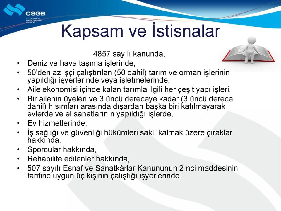 arasında dışardan başka biri katılmayarak evlerde ve el sanatlarının yapıldığı işlerde, Ev hizmetlerinde, İş sağlığı ve güvenliği hükümleri saklı kalmak üzere