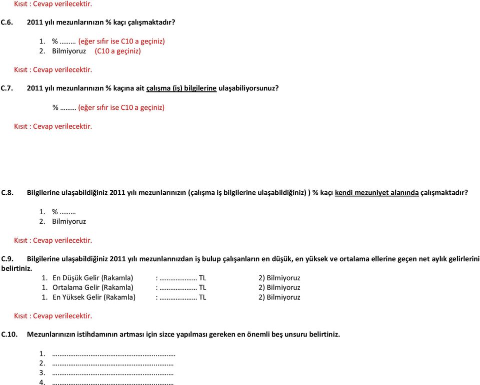 Bilgilerine ulaşabildiğiniz 2011 yılı mezunlarınızın (çalışma iş bilgilerine ulaşabildiğiniz) ) % kaçı kendi mezuniyet alanında çalışmaktadır? 1. % 2. Bilmiyoruz C.9.