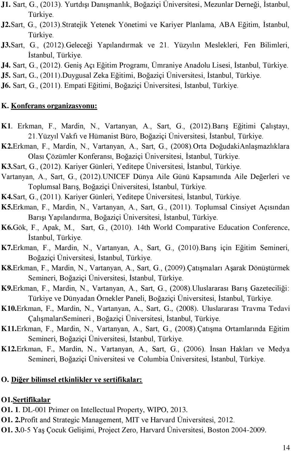 J5. Sart, G., (2011).Duygusal Zeka Eğitimi, Boğaziçi Üniversitesi, Ġstanbul, Türkiye. J6. Sart, G., (2011). Empati Eğitimi, Boğaziçi Üniversitesi, Ġstanbul, Türkiye. K. Konferans organizasyonu: K1.
