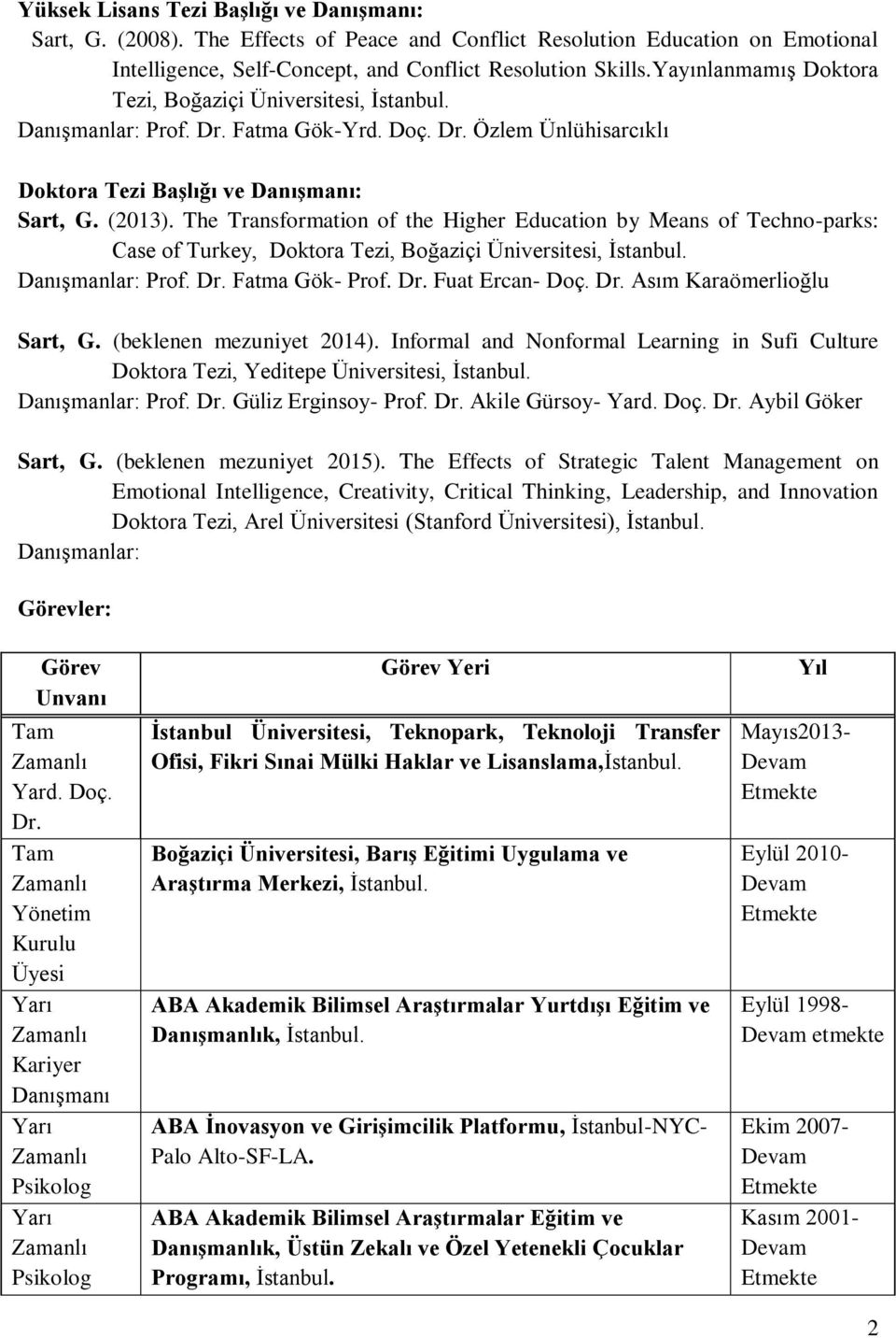 The Transformation of the Higher Education by Means of Techno-parks: Case of Turkey, Doktora Tezi, Boğaziçi Üniversitesi, Ġstanbul. DanıĢmanlar: Prof. Dr. Fatma Gök- Prof. Dr. Fuat Ercan- Doç. Dr. Asım Karaömerlioğlu Sart, G.