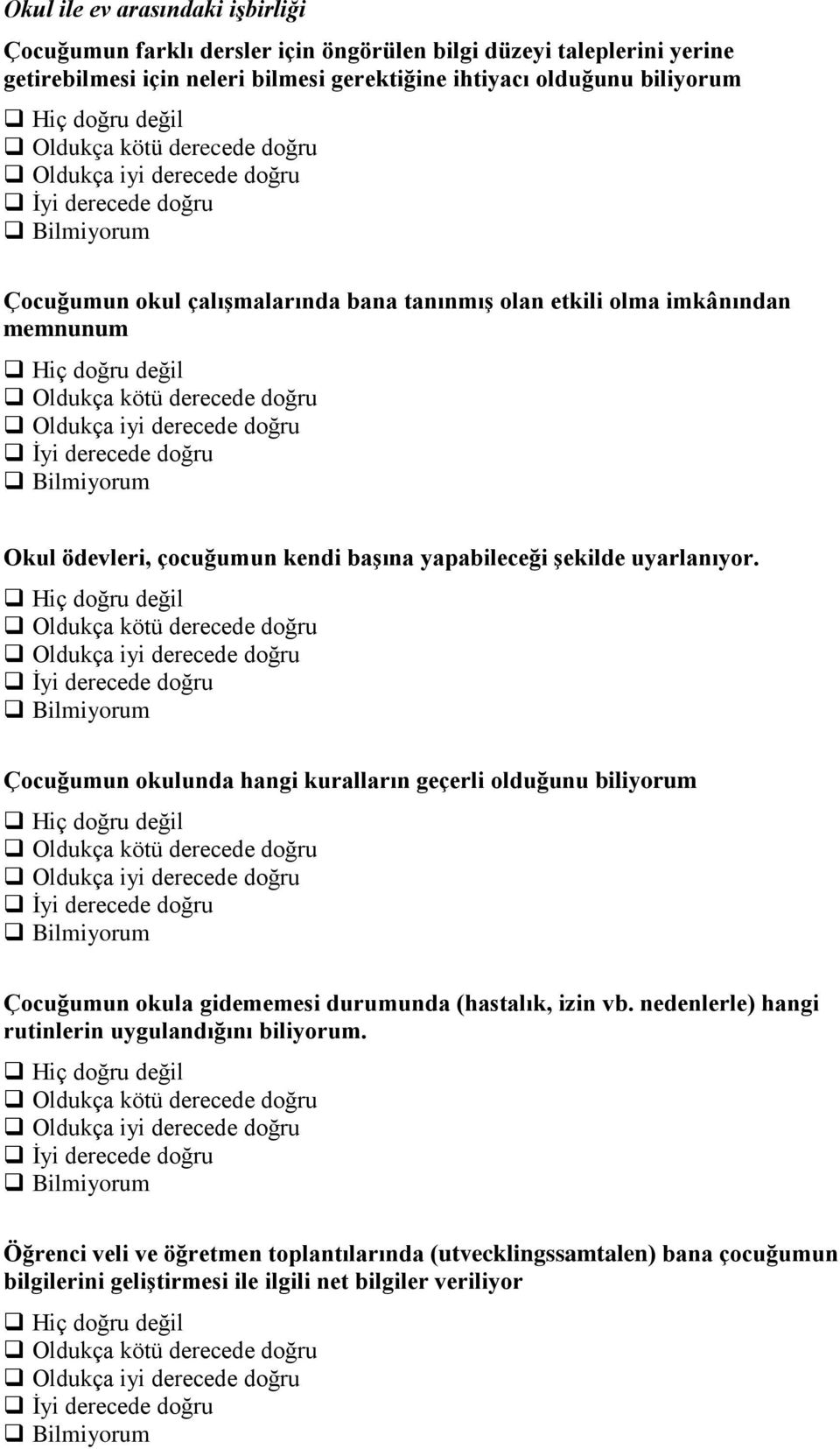 uyarlanıyor. Çocuğumun okulunda hangi kuralların geçerli olduğunu biliyorum Çocuğumun okula gidememesi durumunda (hastalık, izin vb.