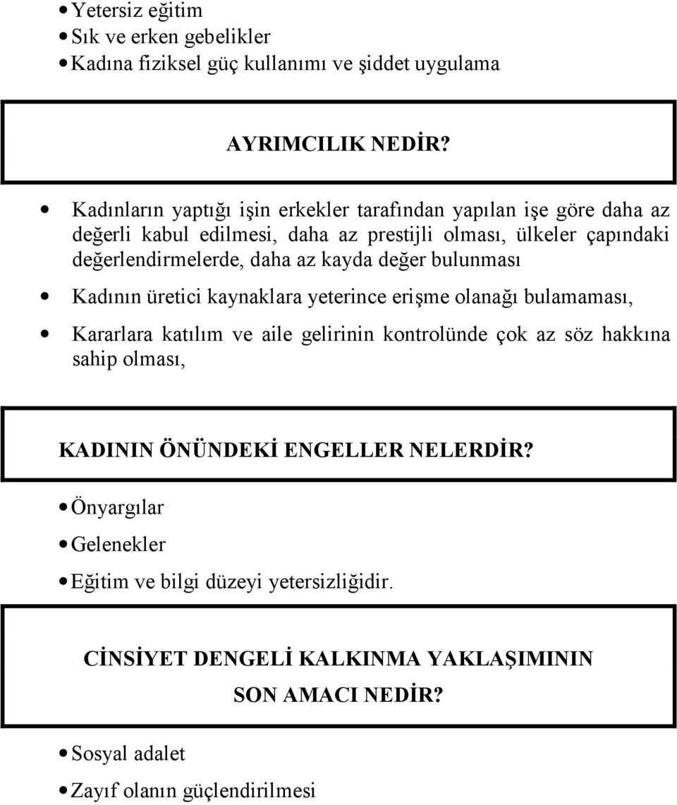 daha az kayda de%er bulunmas Kadnn üretici kaynaklara yeterince erime olana% bulamamas, Kararlara katlm ve aile gelirinin kontrolünde çok az söz