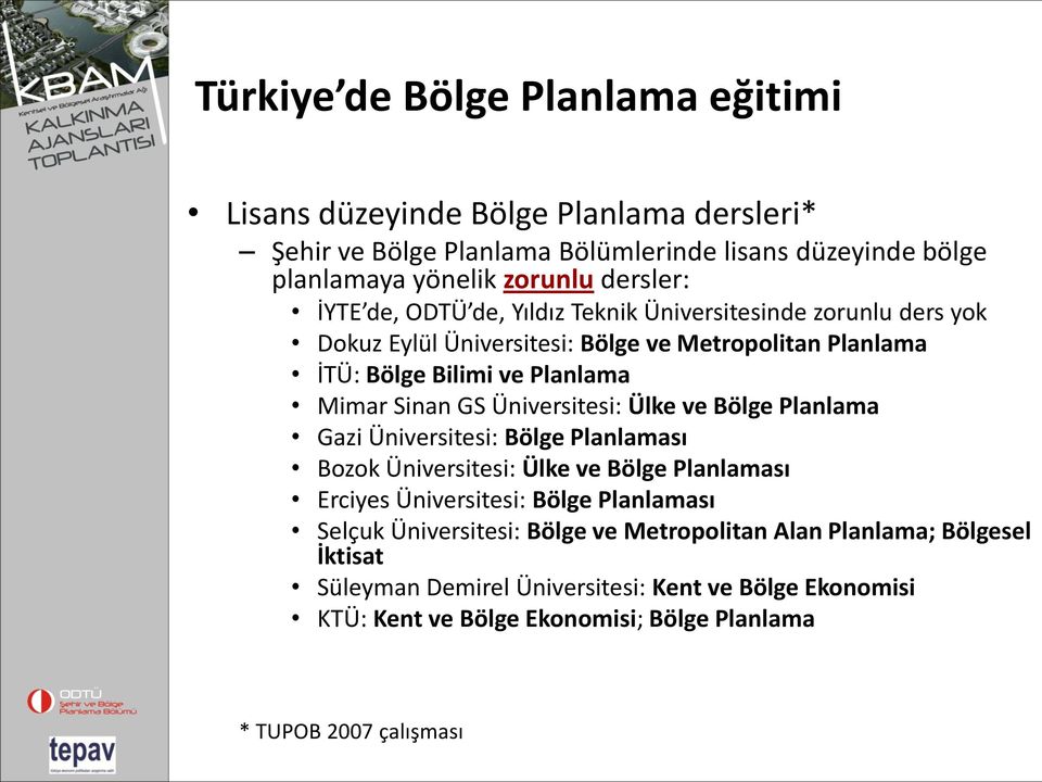 Üniversitesi: Ülke ve Bölge Planlama Gazi Üniversitesi: Bölge Planlaması Bozok Üniversitesi: Ülke ve Bölge Planlaması Erciyes Üniversitesi: Bölge Planlaması Selçuk