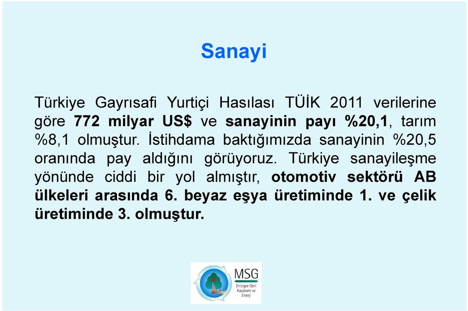 İstihdama baktığımızda sanayinin %20,5 oranında pay aldığını görüyoruz.