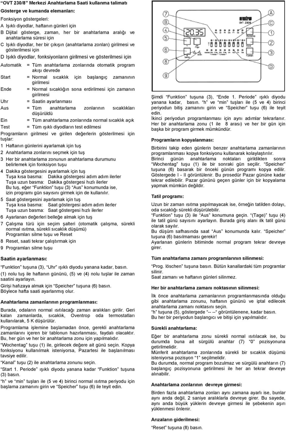Tüm anahtarlama zonlarında otomatik program akışı devrede Start = Normal sıcaklık için başlangıç zamanının girilmesi Ende = Normal sıcaklığın sona erdirilmesi için zamanın girilmesi Uhr = Saatin