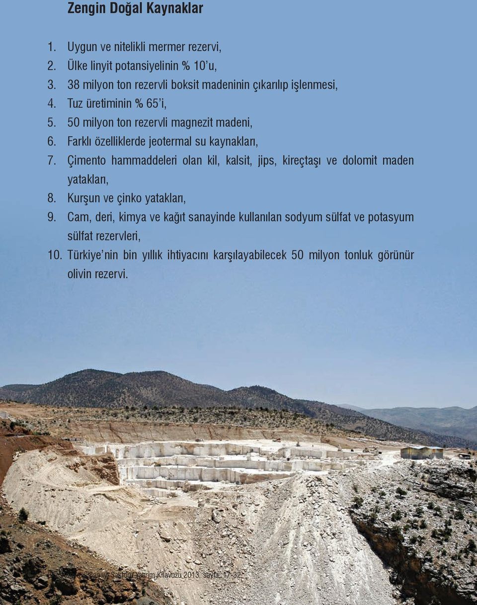 Farklı özelliklerde jeotermal su kaynakları, 7. Çimento hammaddeleri olan kil, kalsit, jips, kireçtaşı ve dolomit maden yatakları, 8. Kurşun ve çinko yatakları, 9.