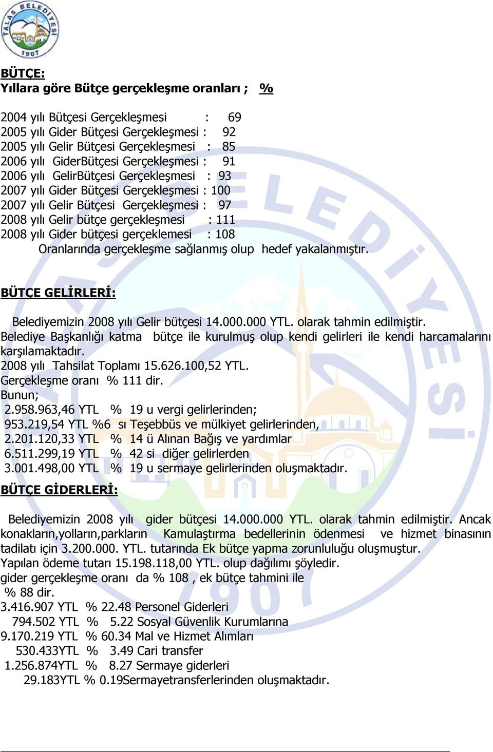 Gider bütçesi gerçeklemesi : 108 Oranlarında gerçekleşme sağlanmış olup hedef yakalanmıştır. BÜTÇE GELİRLERİ: Belediyemizin 2008 yılı Gelir bütçesi 14.000.000 YTL. olarak tahmin edilmiştir.