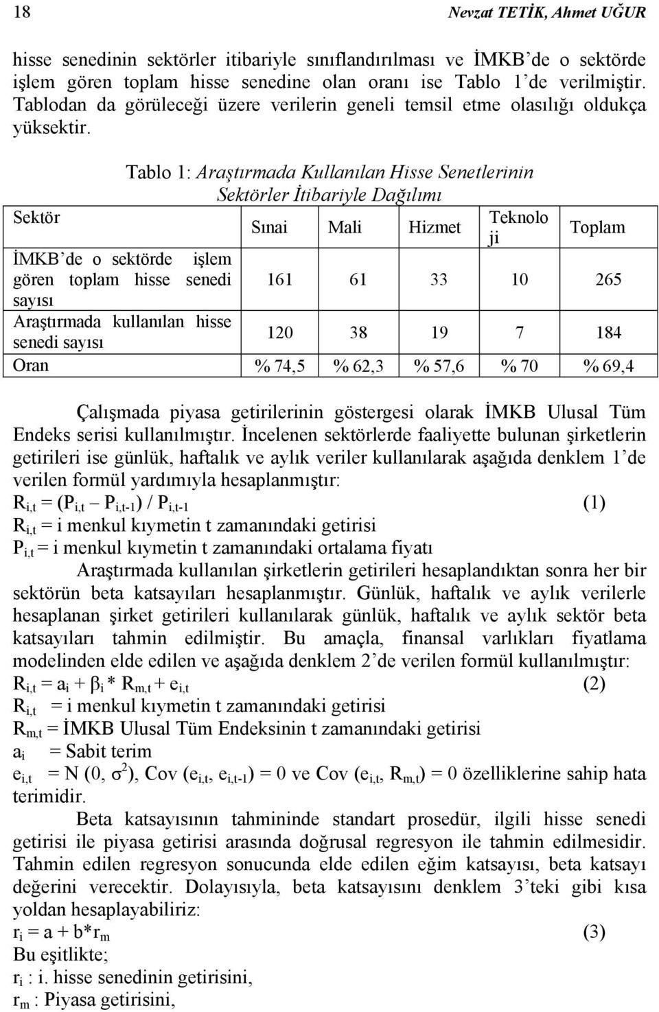 Tablo 1: Araştırmada Kullanılan Hisse Senetlerinin Sektörler İtibariyle Dağılımı Sektör Teknolo Sınai Mali ji Toplam İMKB de o sektörde işlem gören toplam hisse senedi 161 61 33 10 265 sayısı