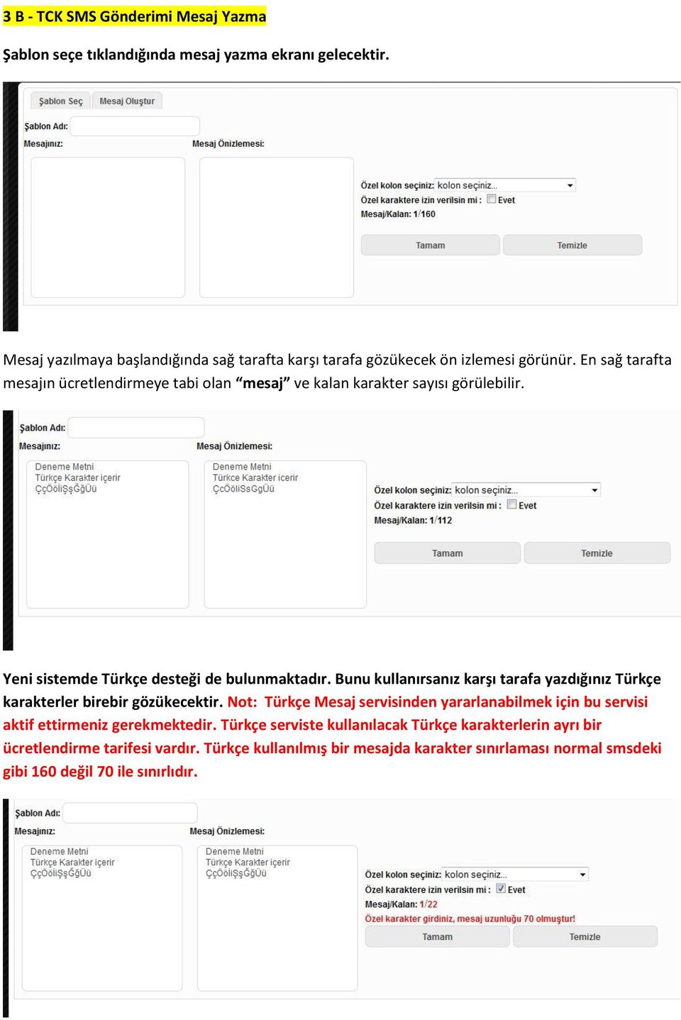 En sağ tarafta mesajın ücretlendirmeye tabi olan mesaj ve kalan karakter sayısı görülebilir. Yeni sistemde Türkçe desteği de bulunmaktadır.