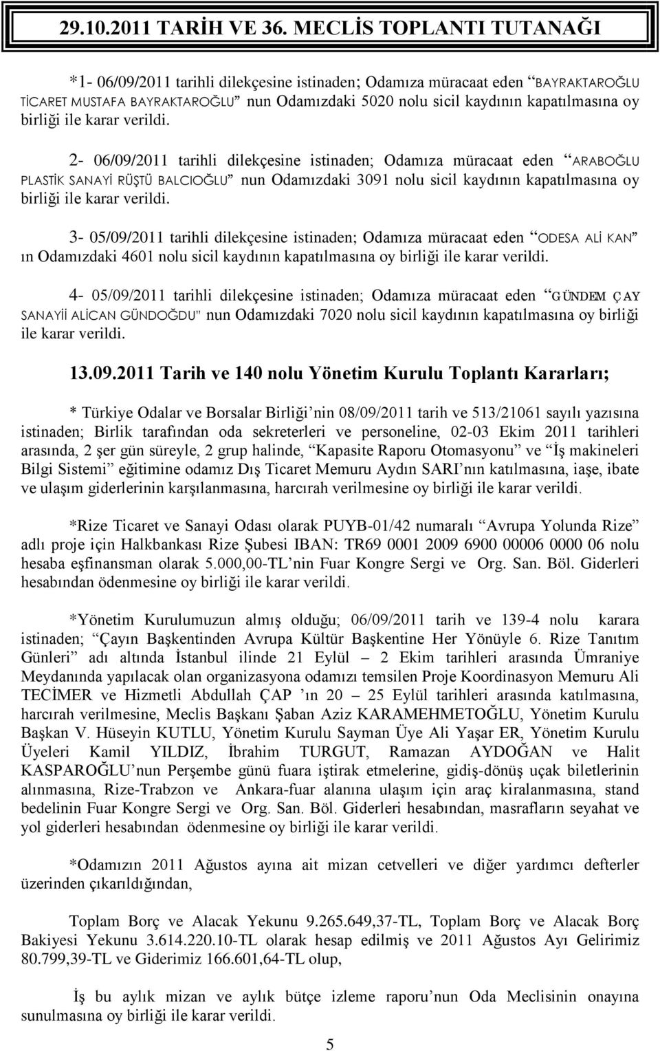 3-05/09/2011 tarihli dilekçesine istinaden; Odamıza müracaat eden ODESA ALİ KAN ın Odamızdaki 4601 nolu sicil kaydının kapatılmasına oy birliği ile karar verildi.