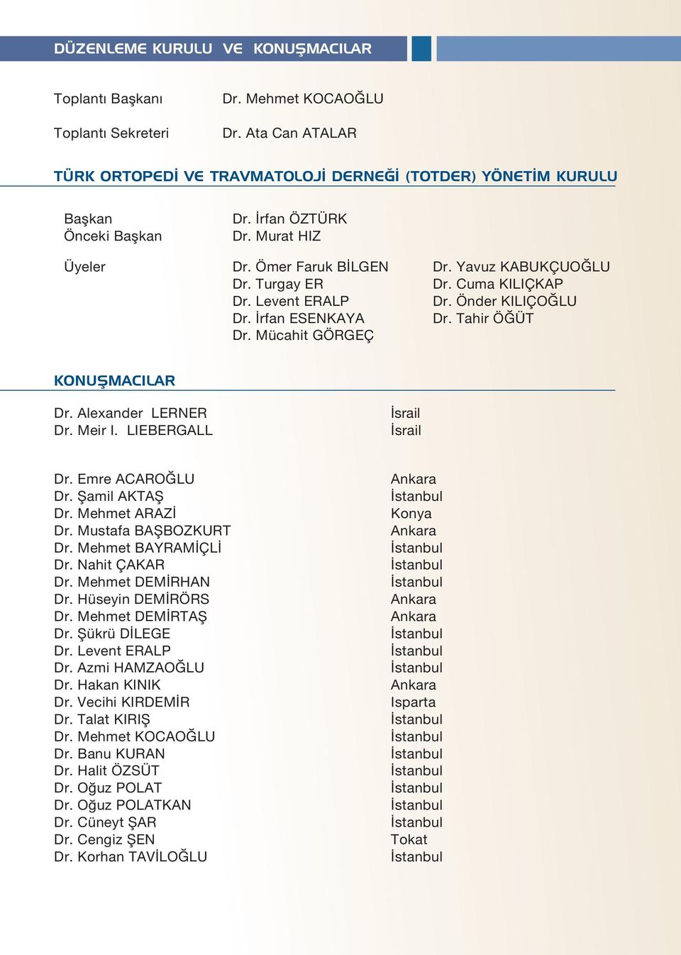 rfan ESENKAYA Dr. Mücahit GÖRGEÇ Dr. Yavuz KABUKÇUO LU Dr. Cuma KILIÇKAP Dr. Önder KILIÇO LU Dr. Tahir Ö ÜT KONUŞMACILAR Dr. Meir I. LIEBERGALL srail srail Dr. Emre ACARO LU Dr. fiamil AKTAfi Dr.