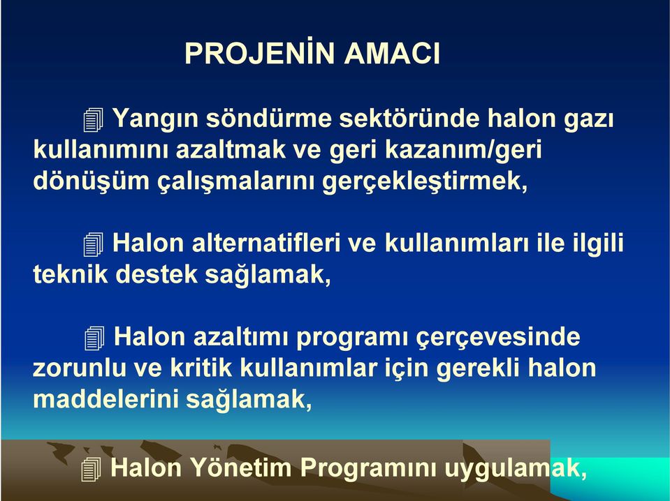 kullanımları ile ilgili teknik destek sağlamak, Halon azaltımı programı çerçevesinde