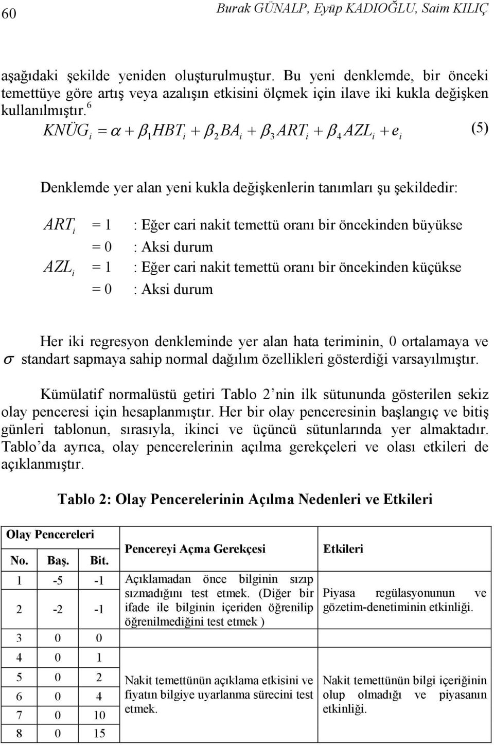 AZL = 1 : Eğer car nakt temettü oranı br önceknden küçükse = 0 : Aks durum Her k regresyon denklemnde yer alan hata termnn, 0 ortalamaya ve σ standart sapmaya sahp normal dağılım özellkler gösterdğ