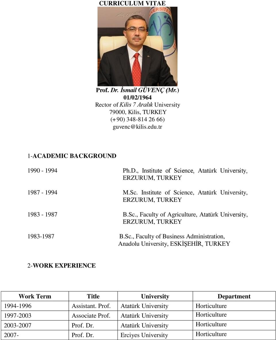 Sc., Faculty of Business Administration, Anadolu University, ESKİŞEHİR, TURKEY 2-WORK EXPERIENCE Work Term Title University Department 1994-1996 Assistant. Prof.