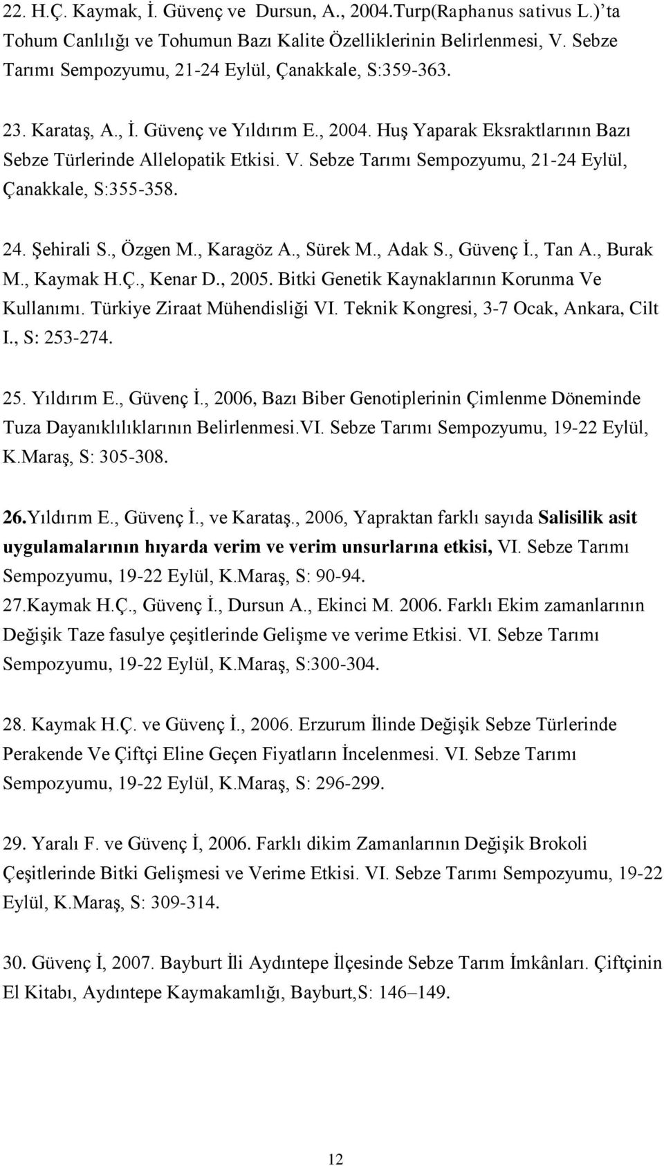 Sebze Tarımı Sempozyumu, 21-24 Eylül, Çanakkale, S:355-358. 24. Şehirali S., Özgen M., Karagöz A., Sürek M., Adak S., Güvenç İ., Tan A., Burak M., Kaymak H.Ç., Kenar D., 2005.